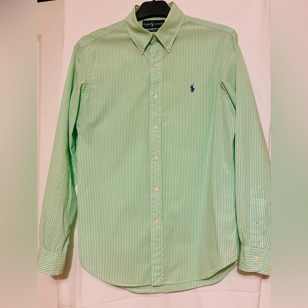 Ralph Lauren Green and White Striped Button-Down Dress Shirt